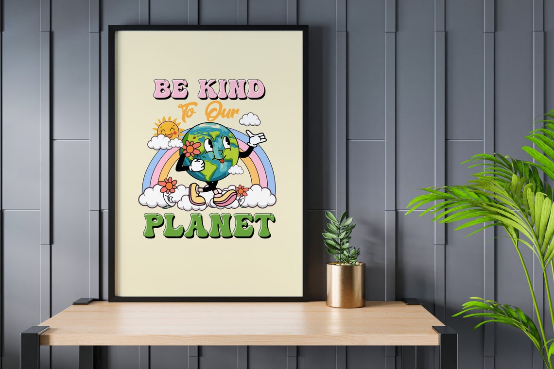 Be Kind To Our Planet Cute Earth Rainbow Retro Earth Day Poster - Image 3