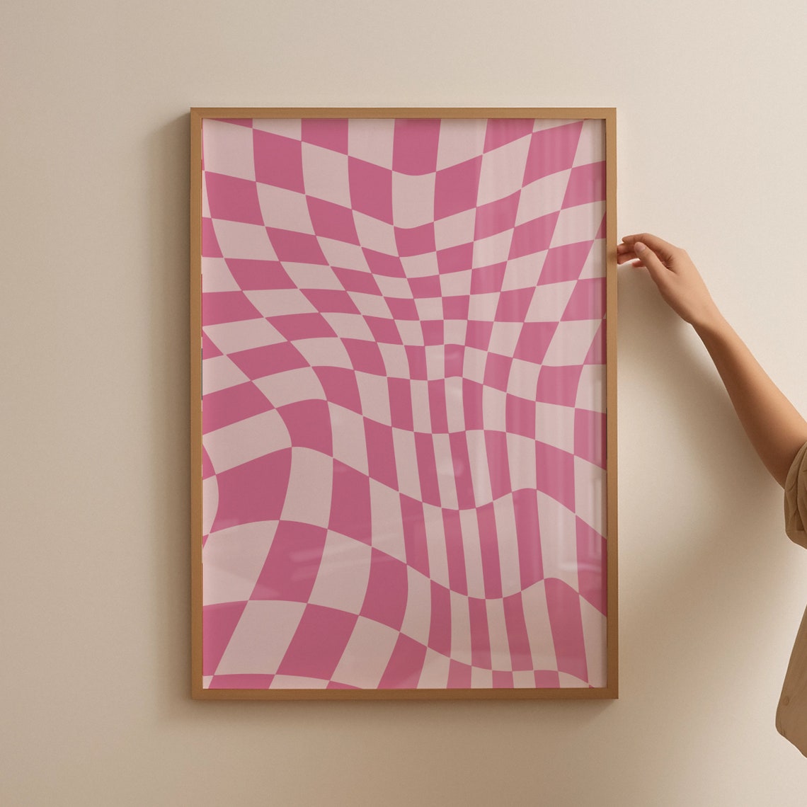 Pink Wavy Checkered Retro Poster Y2K Trippy Optical Illusion Decor - Image 4