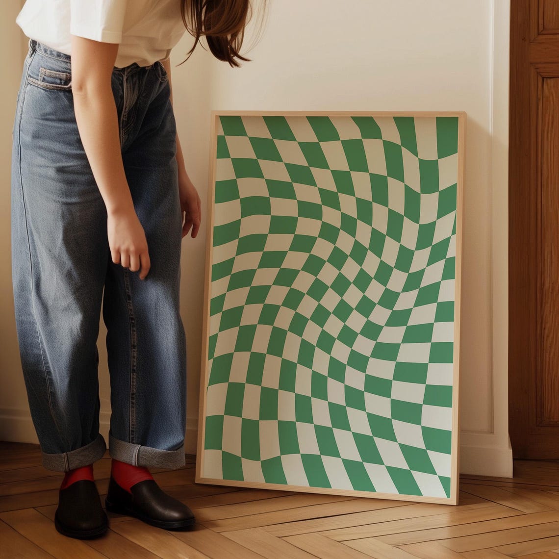 Fresh Wavy Green White Checkerboard Pattern Bold Retro Poster - Image 4