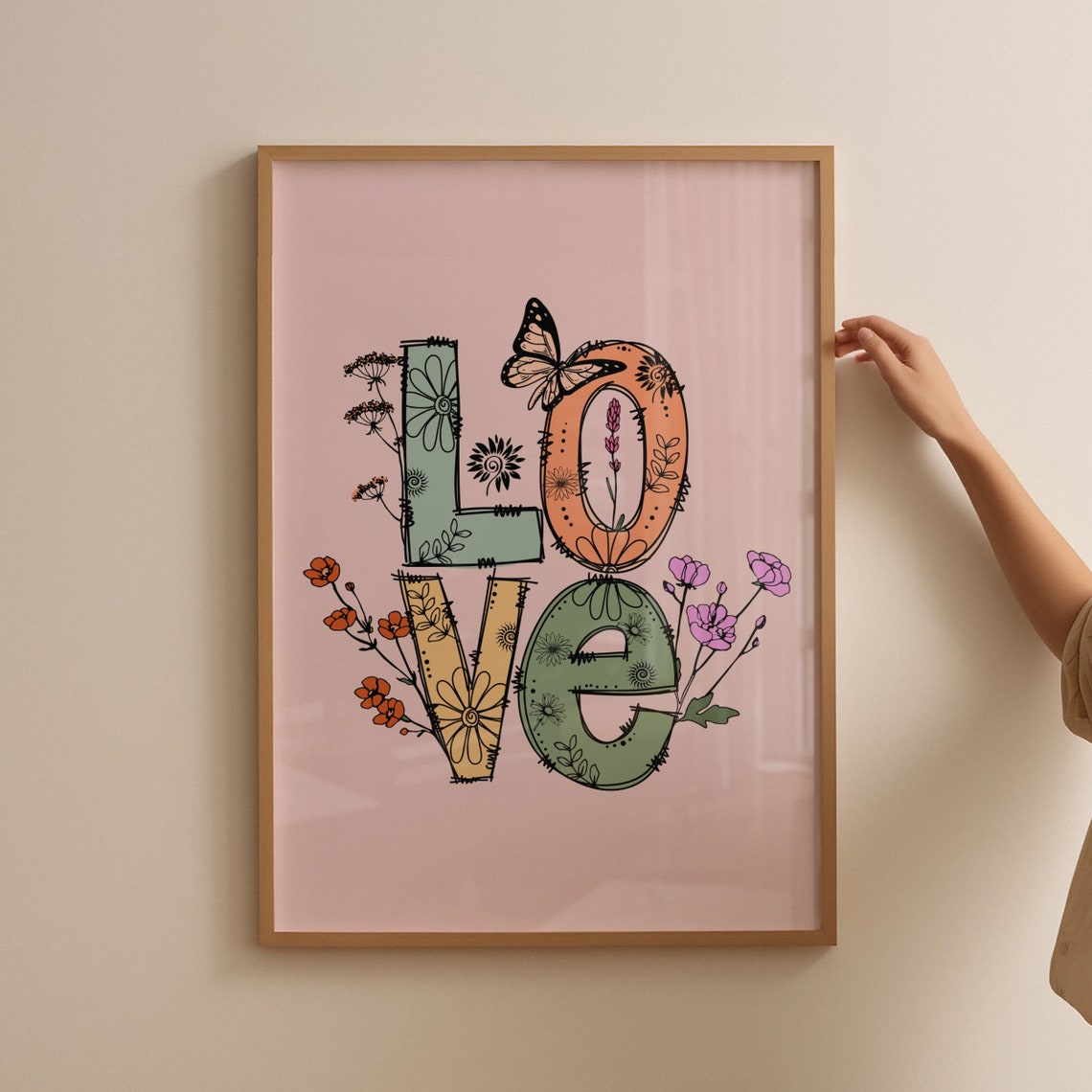 Love Floral Doodle Typography Butterfly Pink Cute Boho Art Print