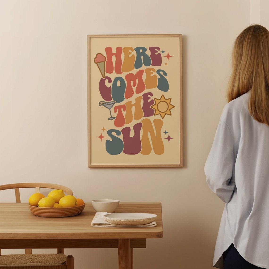 Here Comes The Sun Groovy Summer Retro Typography Art Poster - Image 3