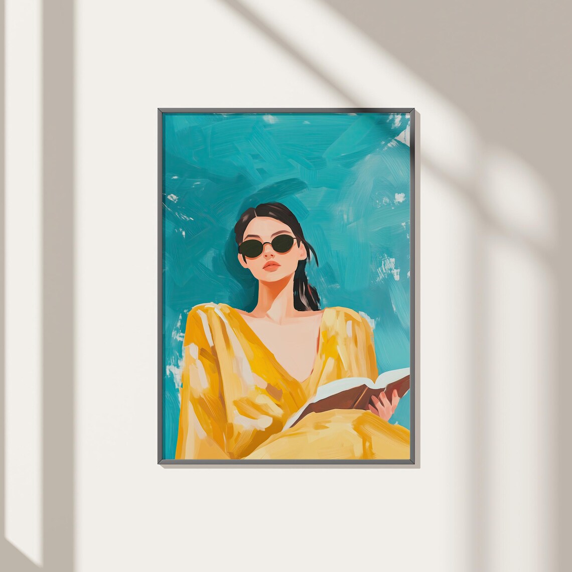 Woman in Sunglasses Reading Book Yellow Turquoise Art Poster