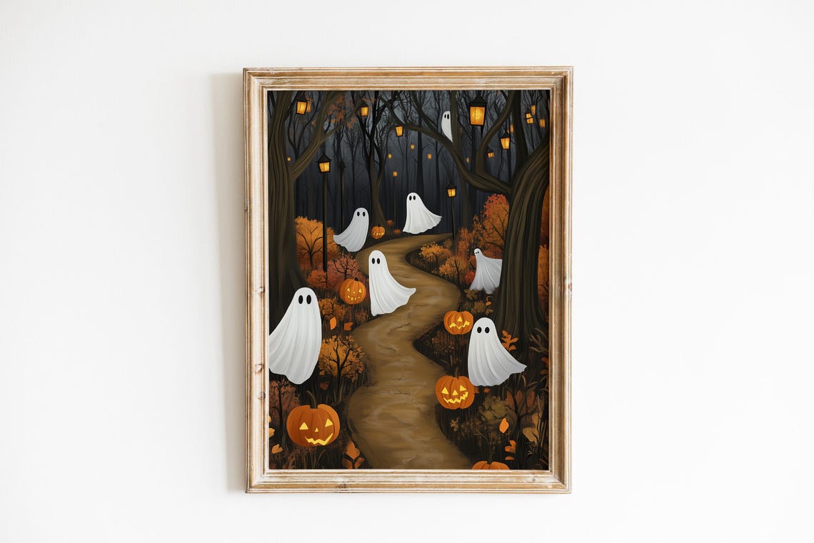 Cute Ghosts on Haunted Forest Path Lanterns Pumpkins Halloween Poster