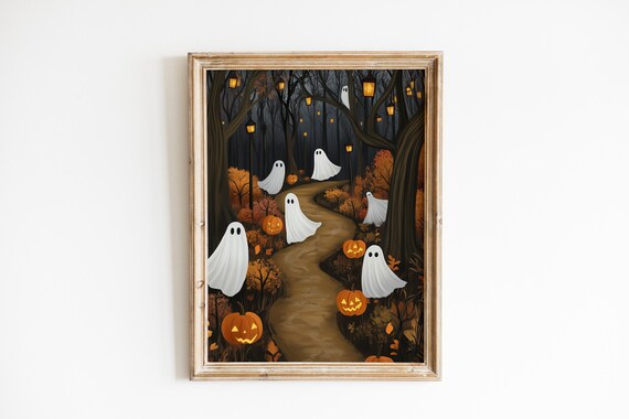 Spooky Ghosts In The Forest Print Cozy Fall Decor Haunted Wall Art Halloween For Home Dark Academia