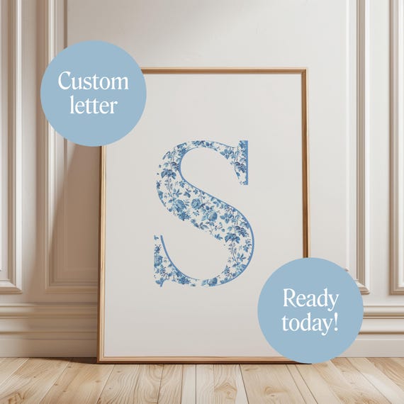 Custom Chinoiserie Letter Print Light Blue Coastal Granddaughter Cowgirl Delft Monogram Gift For Her