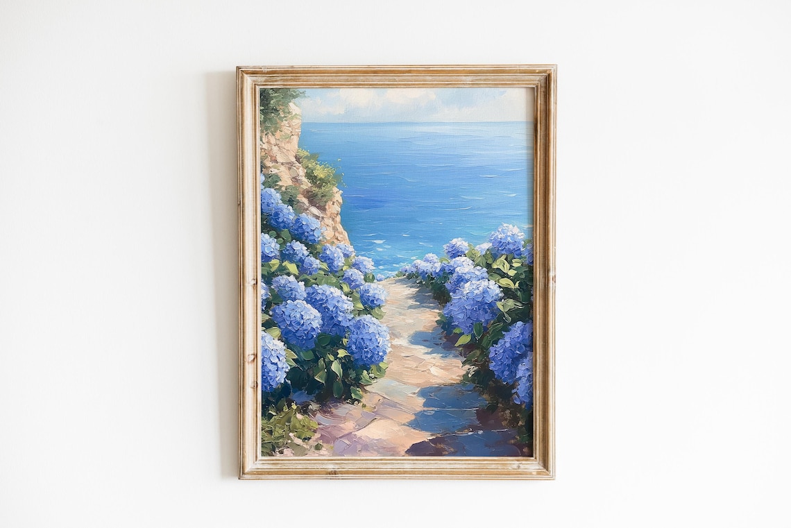 Cliffside Blue Hydrangea Garden Print, Nantucket Coastal