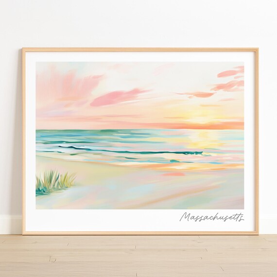 Massachusetts Pastel Beach Sunset Coastal Wall Decor Art Poster