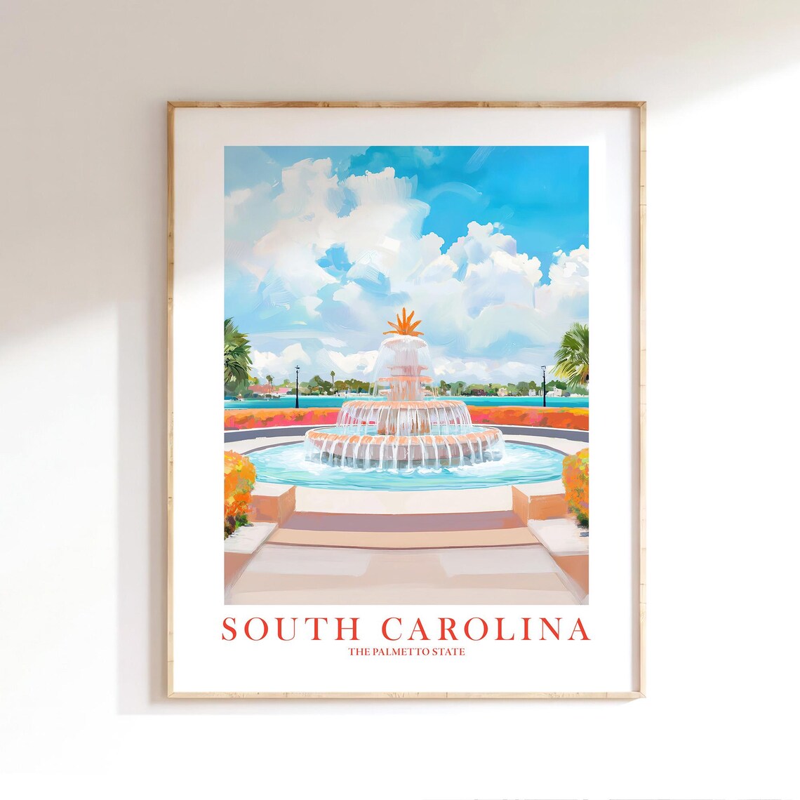 South Carolina Pineapple Fountain Charleston Coastal Travel Poster