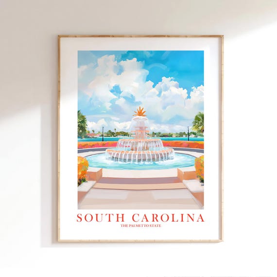 South Carolina Art Print Pineapple Fountain Poster Sc Travel Lowcountry Coastal Decor Palmetto State Wall