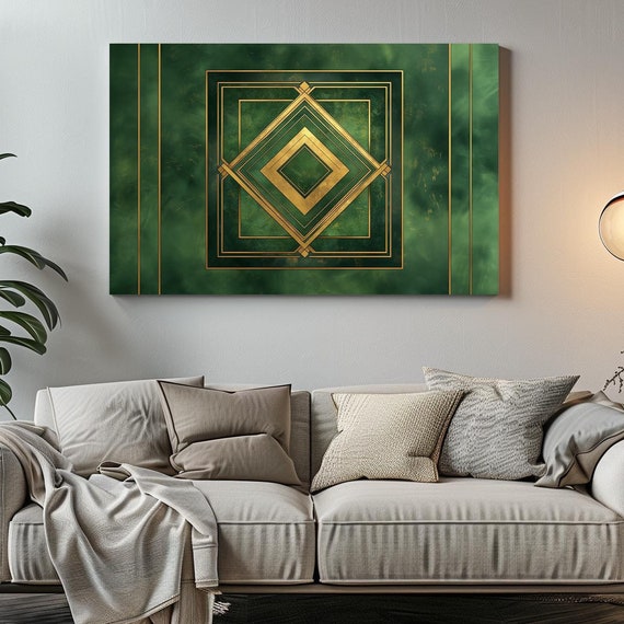 Art Deco 1920s Sleek Green And Gold Print Bold Statement Vibrant Metallic Look Geometric Colorful Shapes Zig Zags Rustic Art