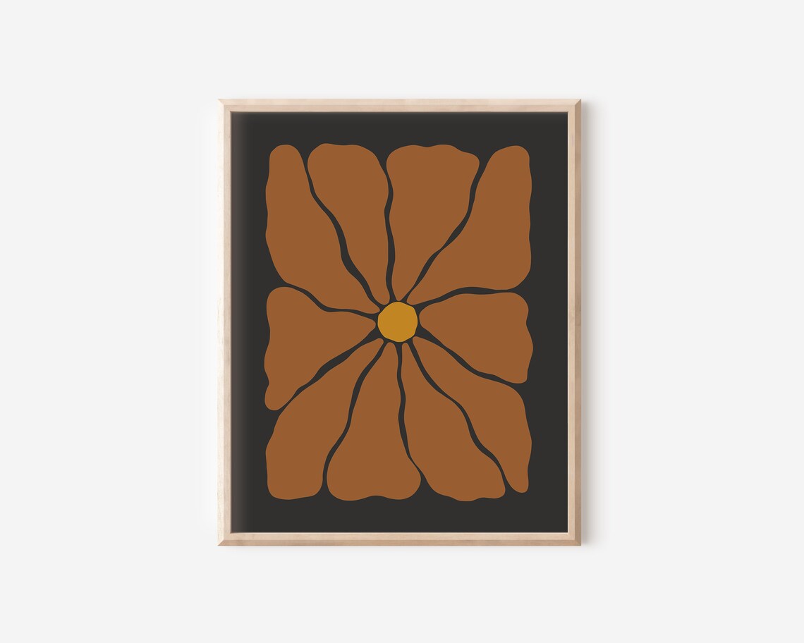 Chocolate Brown Retro Flower Golden Center Black Floral Art Poster - Image 2
