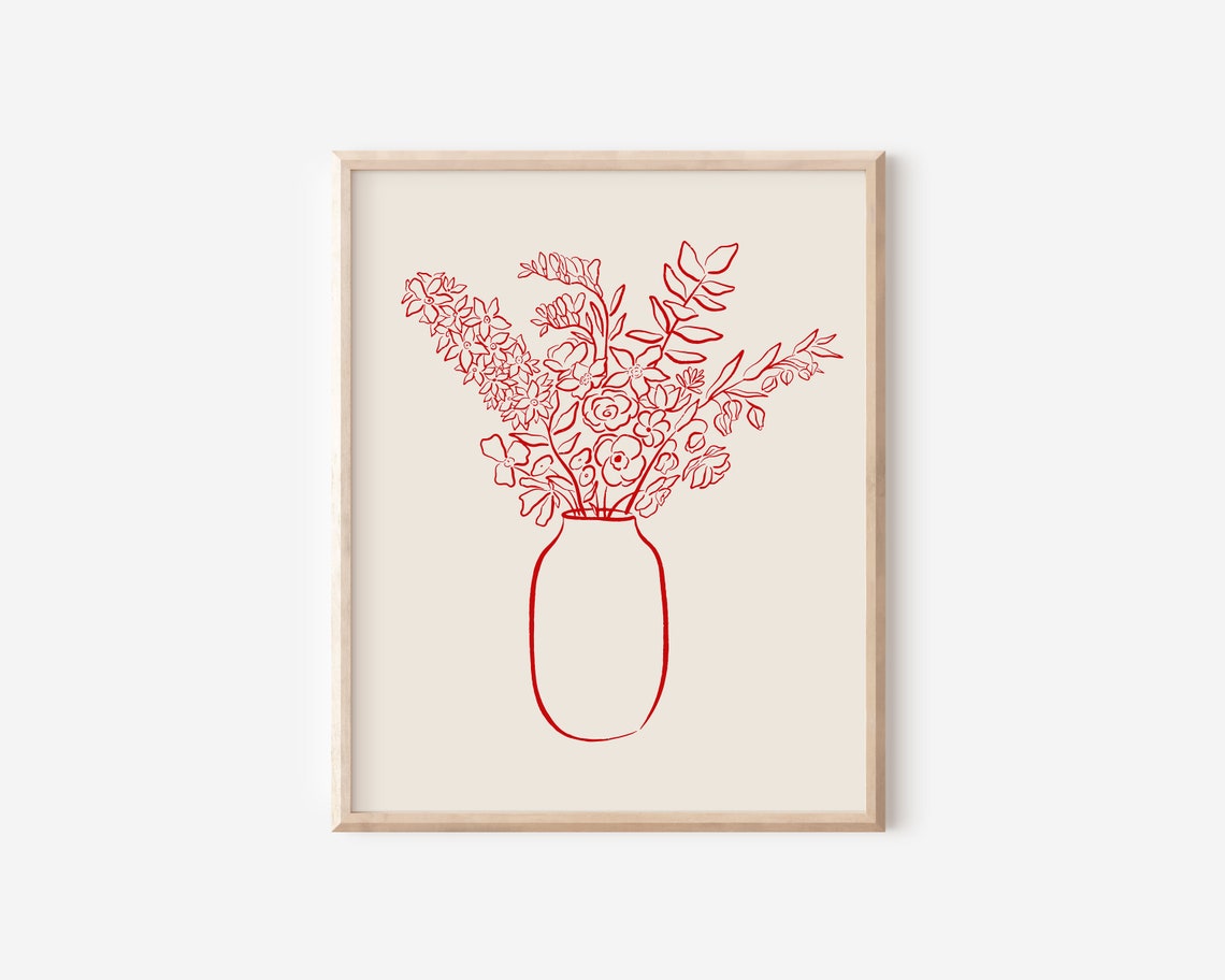 Red Ink Flower Bouquet Vase Minimalist Line Drawing Botanical Poster - Image 2
