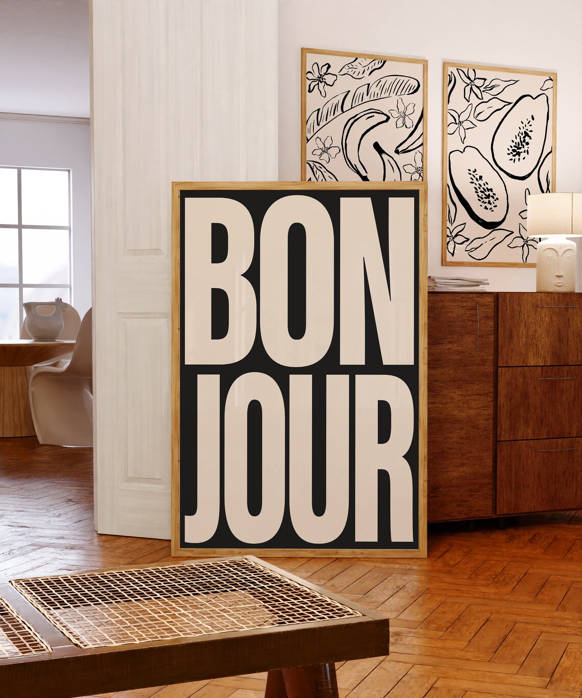 Bonjour Typography Poster, Retro French Wall Art
