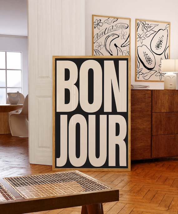 Bonjour Typography Poster, Retro French Wall Art