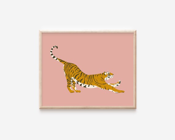 Abstract Pink Tiger Illustration Playful Stretch Big Cat Poster