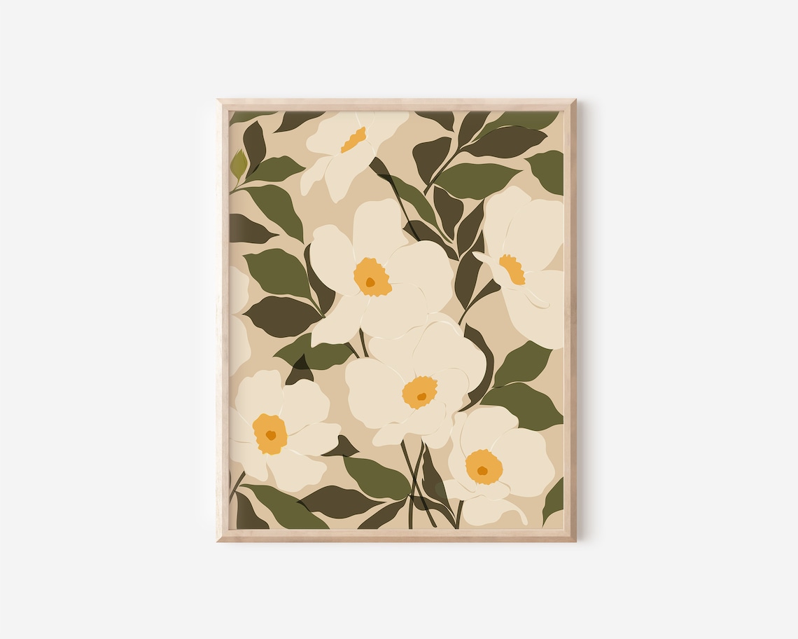 Wild White Roses Abstract Botanical Wall Art Print