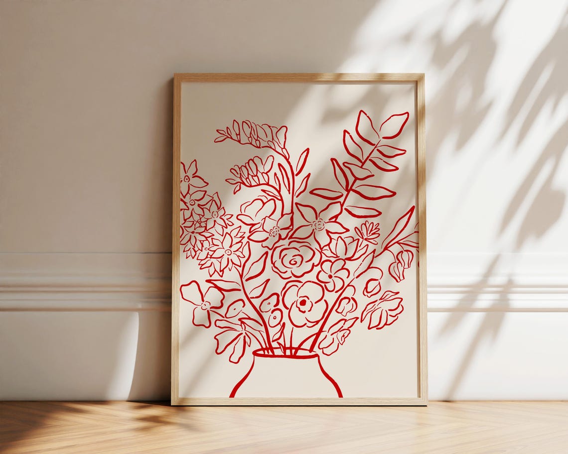 Red Flower Bouquet Vase Line Art Minimalist Botanical Poster - Image 2