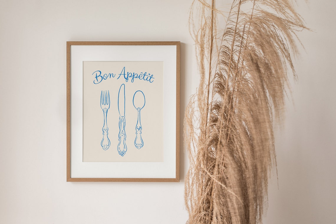 Bon Appetit Blue Cutlery Script French Kitchen Wall Decor Poster
