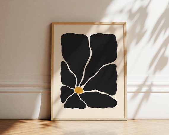 Black Abstract Groovy Flower Orange Center Matisse Style Poster