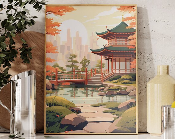 Zen Garden Art Japandi Style Tea House Warm Colors