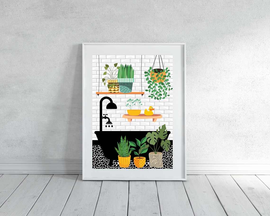Black Bathtub Scene With Plant Shelves And A Rubber Duck Poster - Image 3