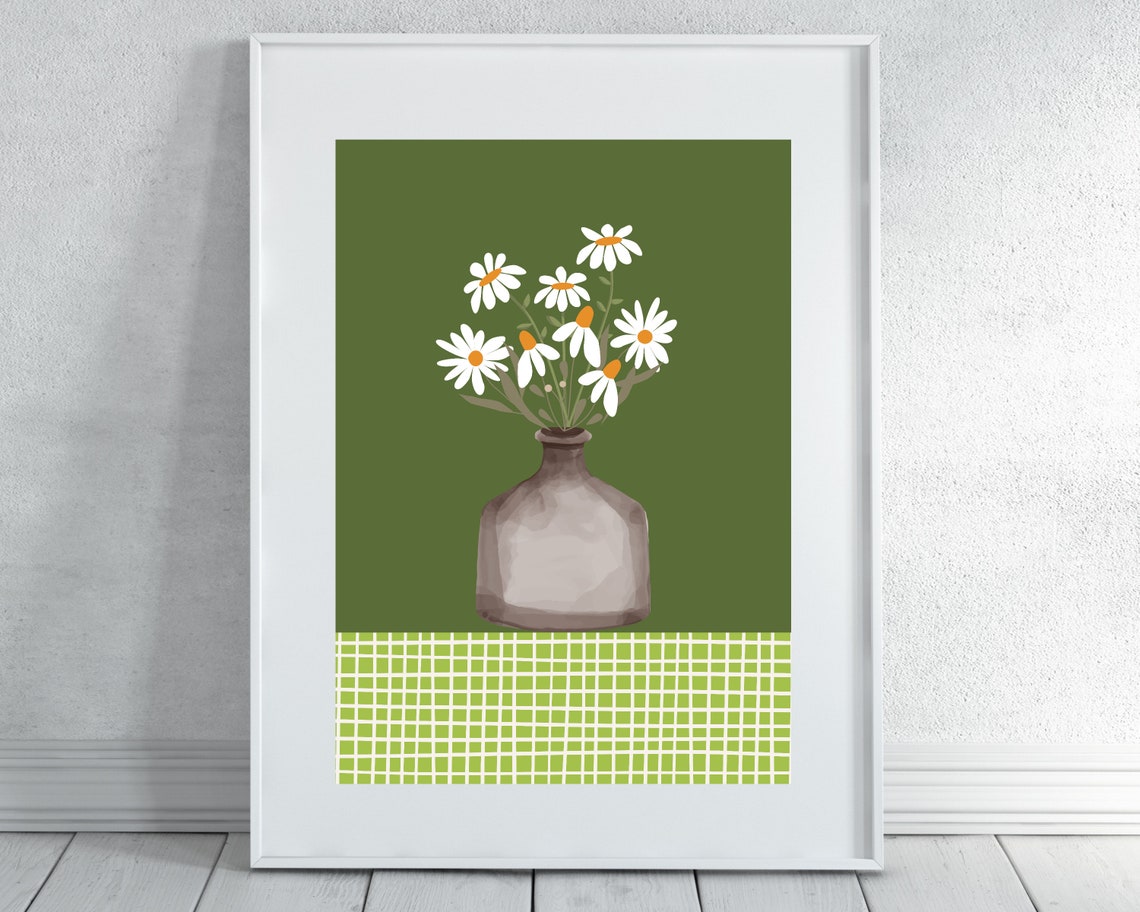White Daisies In Glass Vase Dark Green Botanical Tablecloth Poster - Image 3