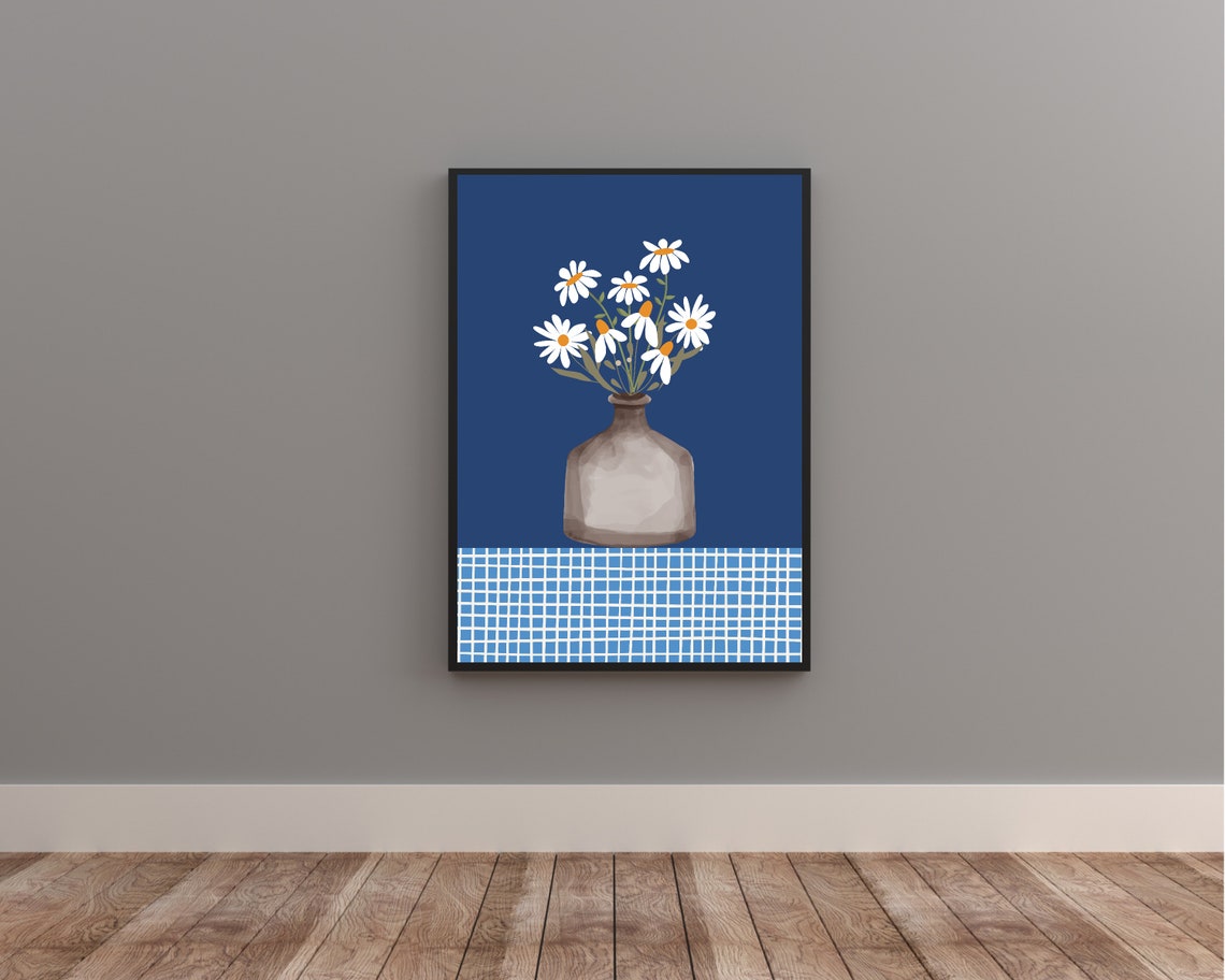 White Daisies In Glass Vase Rich Deep Navy Blue Botanical Poster - Image 3