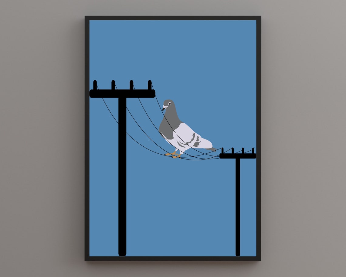 Pigeon Resting on Telephone Wires Against a Calm Blue Sky Poster