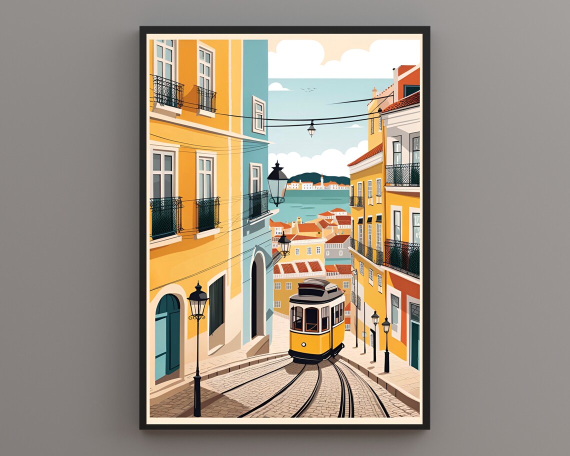 Lisbon Vintage Yellow Tram 28 Steep Hillside Street Portugal Poster