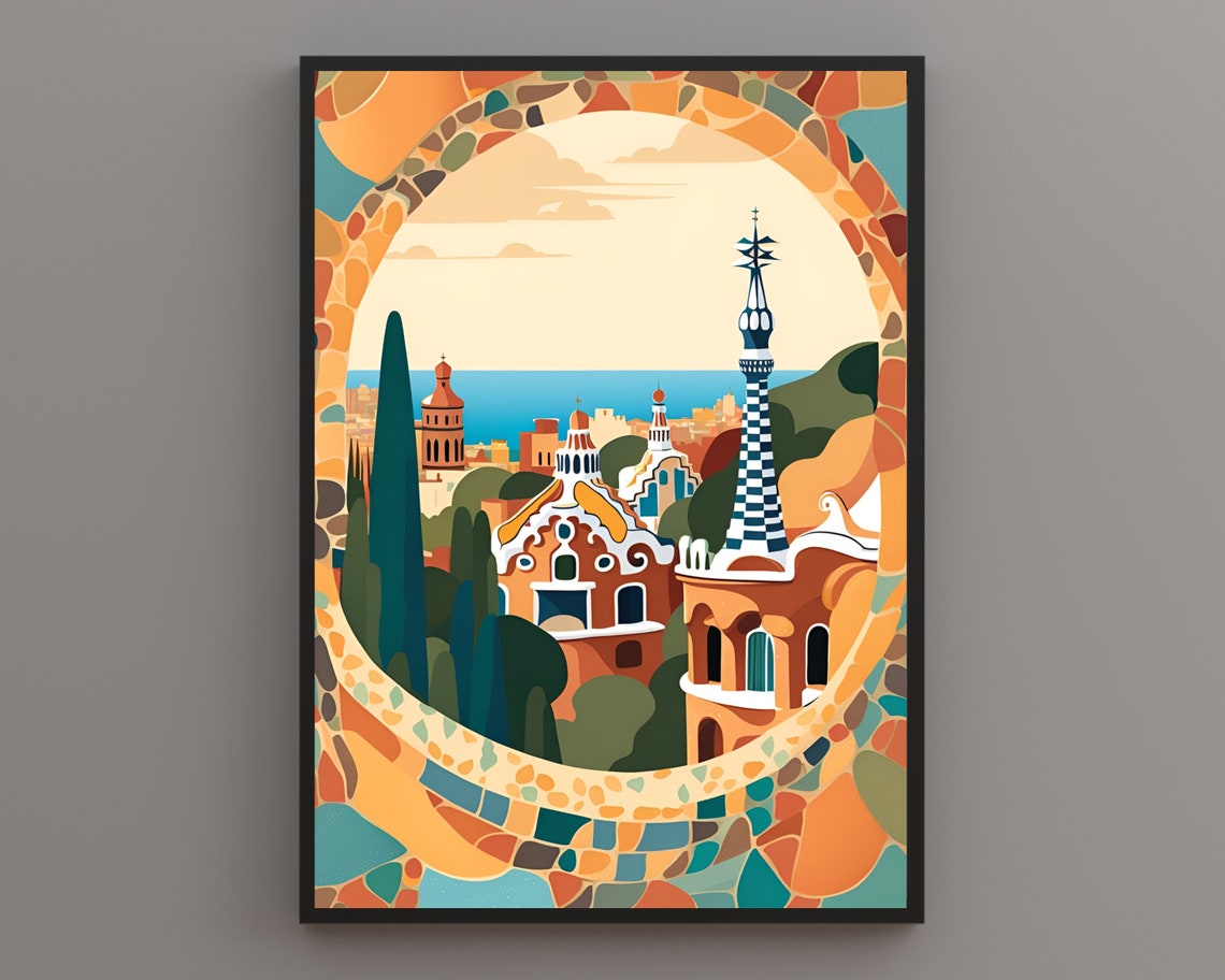 Park Guell Barcelona Mosaic Archway View Toward The Sea Poster