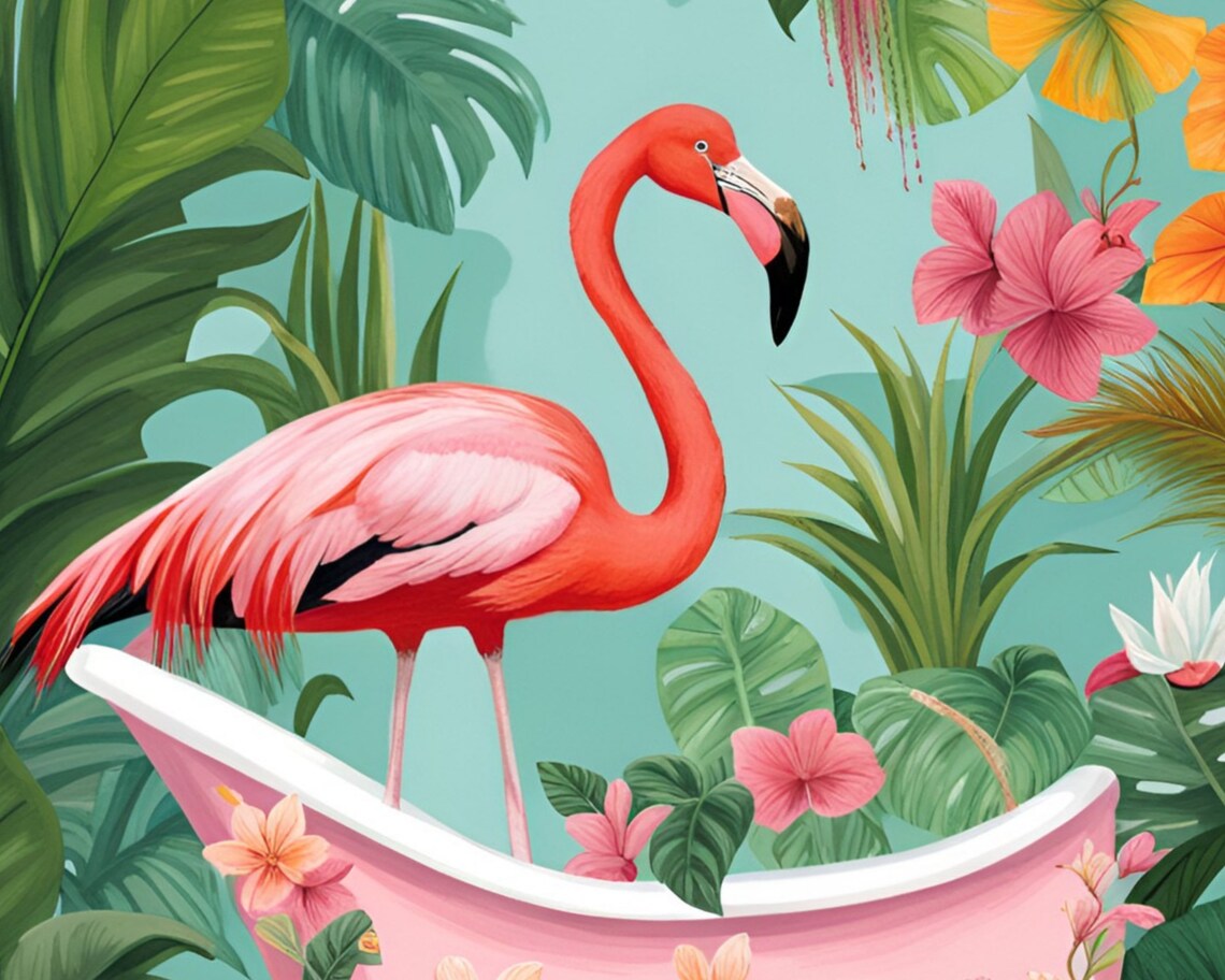 Pink Flamingo Standing In A Floral Bathtub Tropical Jungle Poster - Image 2