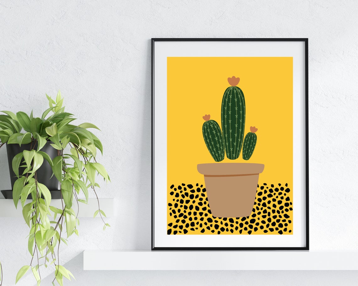 Potted Cactus Trio Terracotta Pot Mustard Yellow Spotted Ground Poster - Image 2