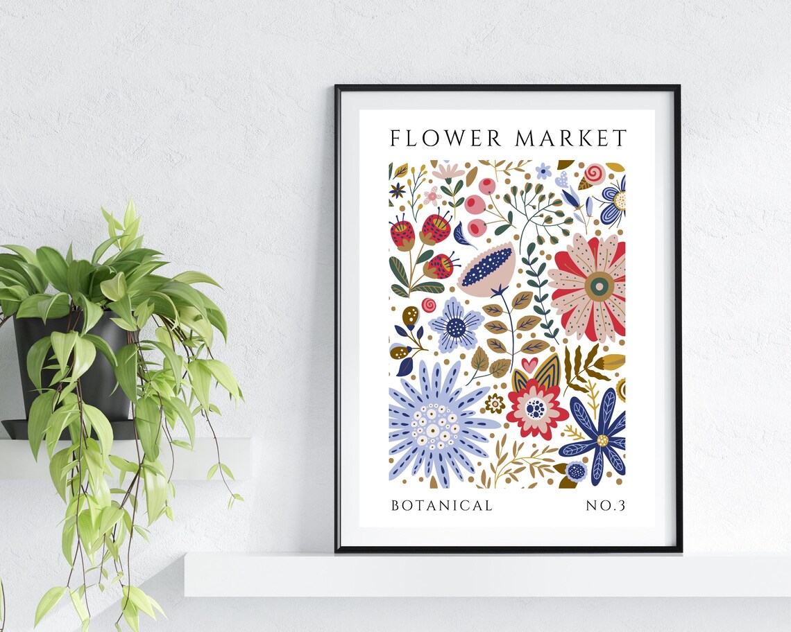 Flower Market Red Blue Coral Folk Florals Botanical No 3 Poster - Image 3