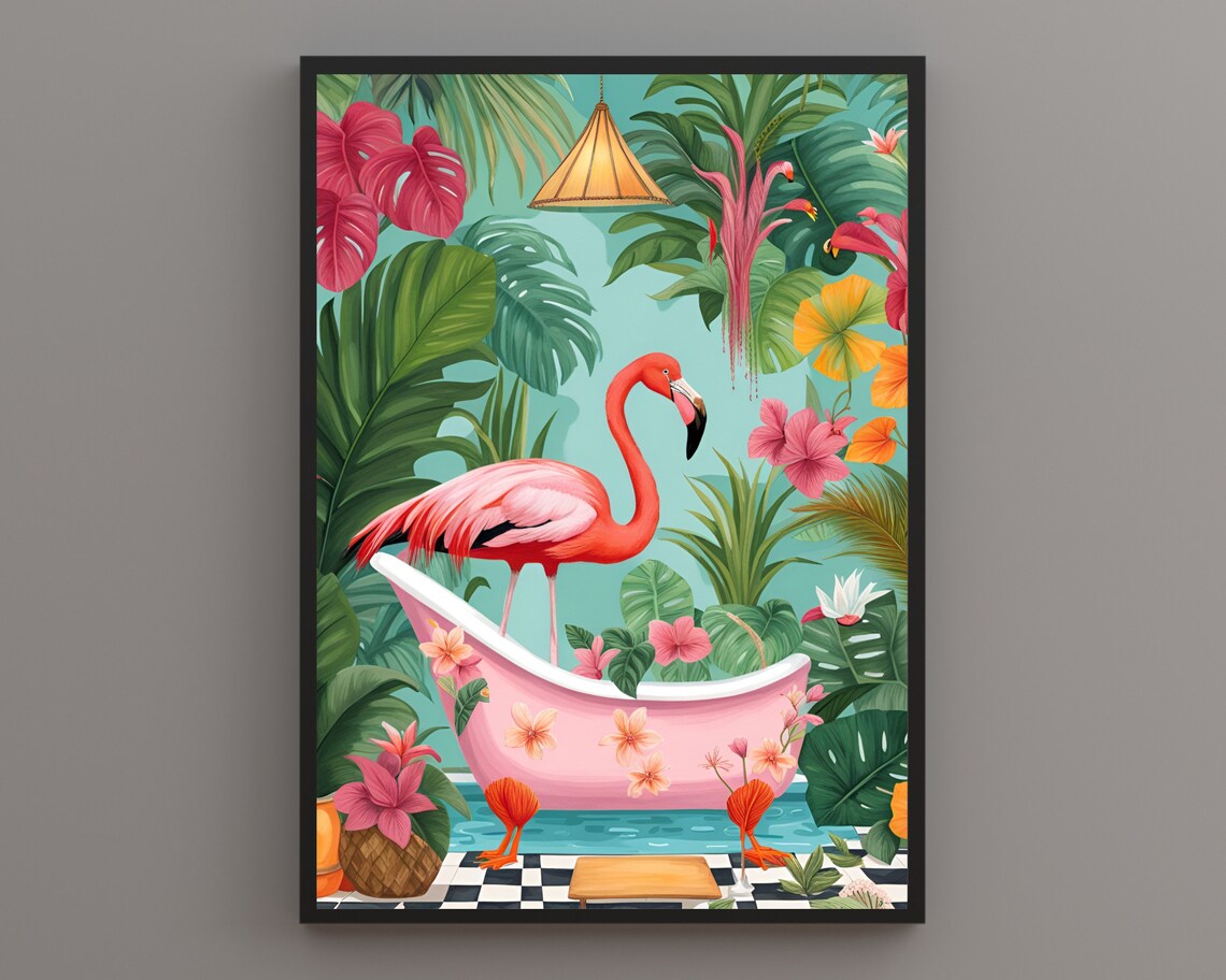 Pink Flamingo Standing In A Floral Bathtub Tropical Jungle Poster