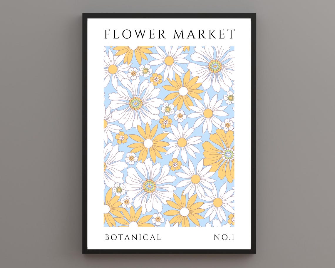 Flower Market White Yellow Daisies Retro Florals No 1 Poster
