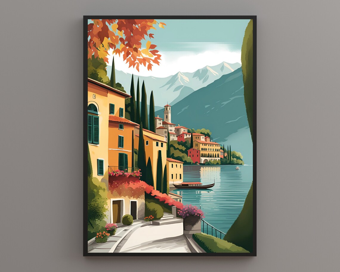 Lake Como Lakeside Village Boat Autumn Foliage Mountain Poster