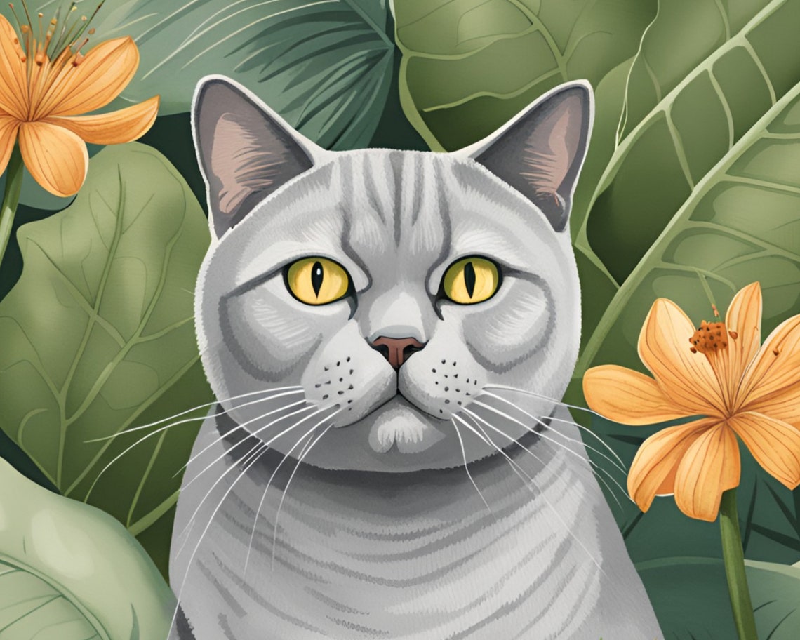 Dignified Grey Cat With Golden Eyes Among Tropical Flowers Poster - Image 2