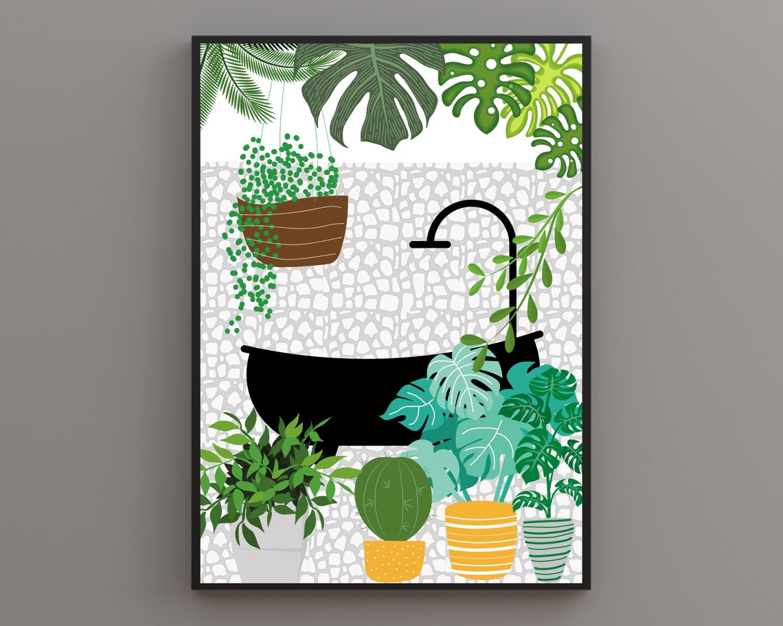 Black Bathtub Surrounded By Lush Potted Houseplants Art Poster
