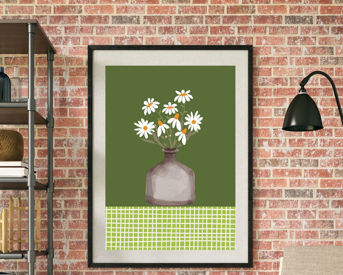 White Daisies In Glass Vase Dark Green Botanical Tablecloth Poster - Image 2