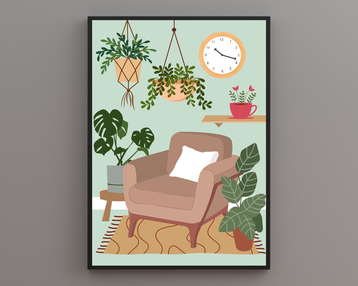 Empty Tan Armchair Among Hanging Plants Minimalist Botanical Poster