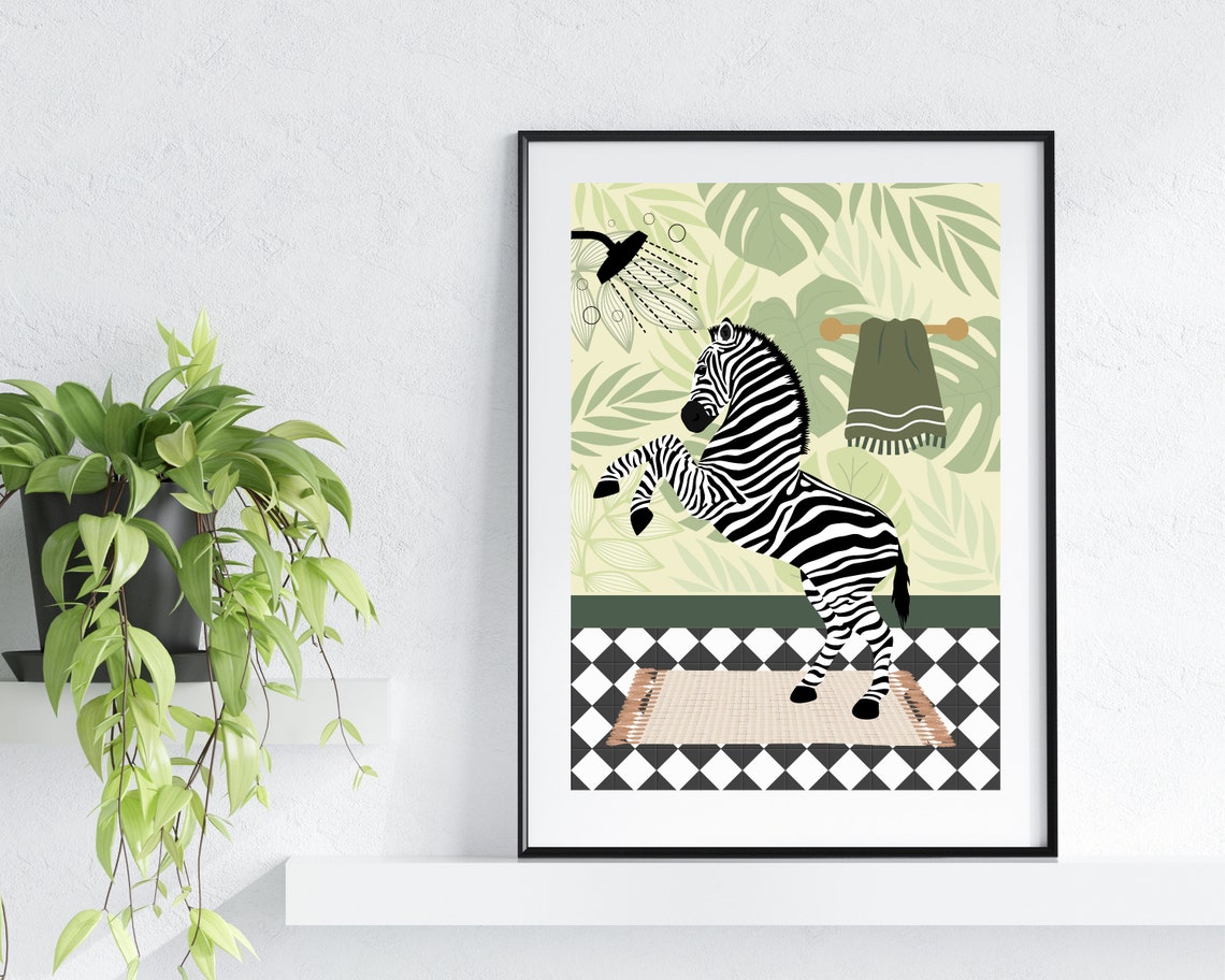 Rearing Zebra Showering In A Green Tropical Leaf Bathroom Poster - Image 3