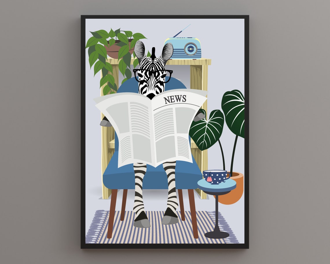 Zebra Reading Newspaper on Blue Chair Funny Spectacle Animal Poster