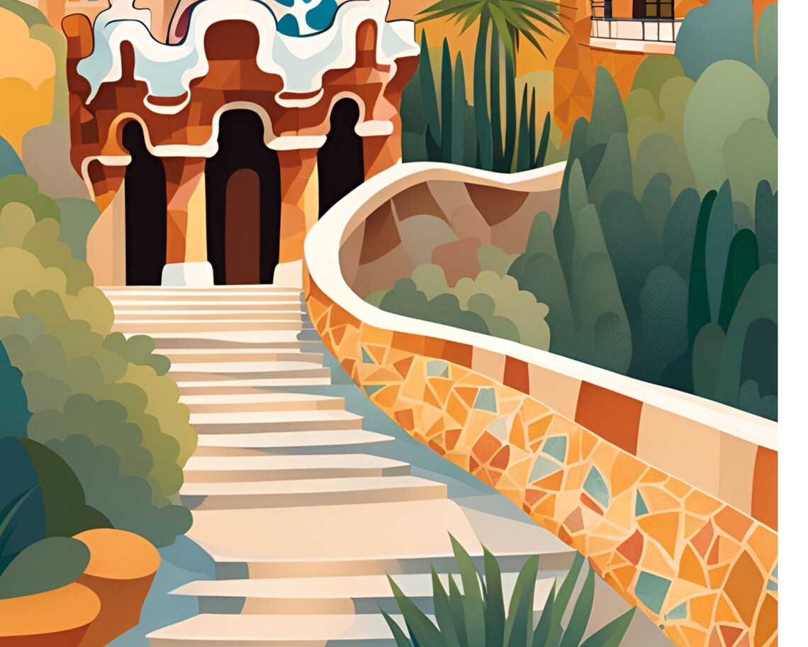 Park Guell Gaudi Mosaic Spire And Palace Barcelona Travel Poster - Image 2