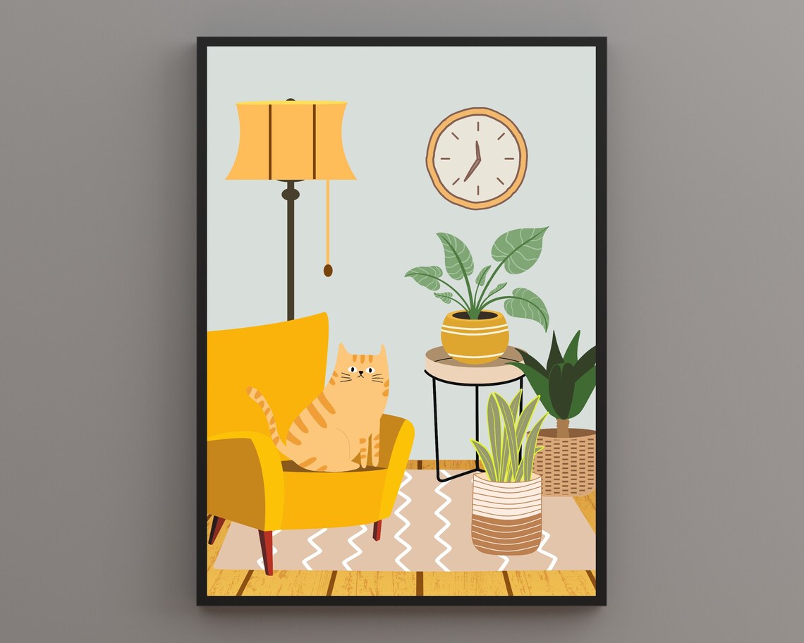 Ginger Tabby Cat on Yellow Armchair Cute Botanical Living Room Poster