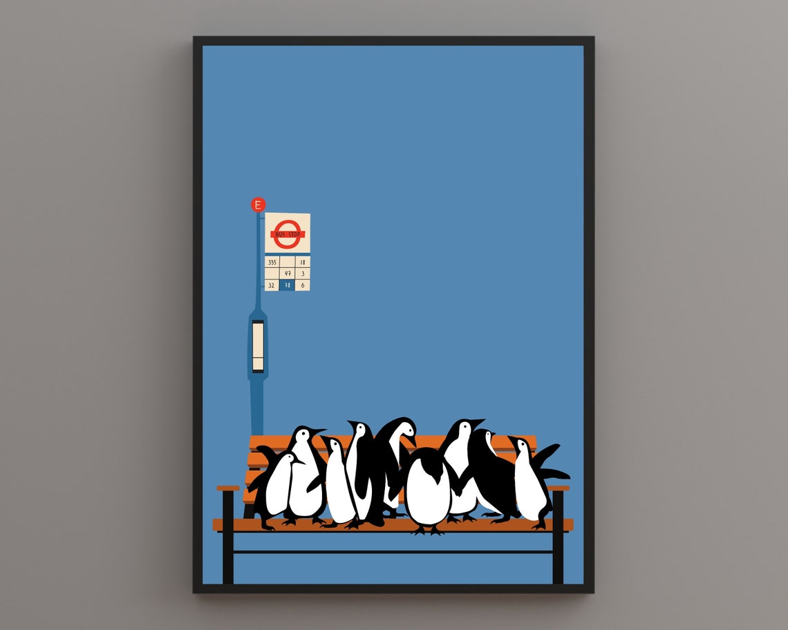 Penguins Waiting Together At A Bus Stop Bench Blue Fun Art Poster