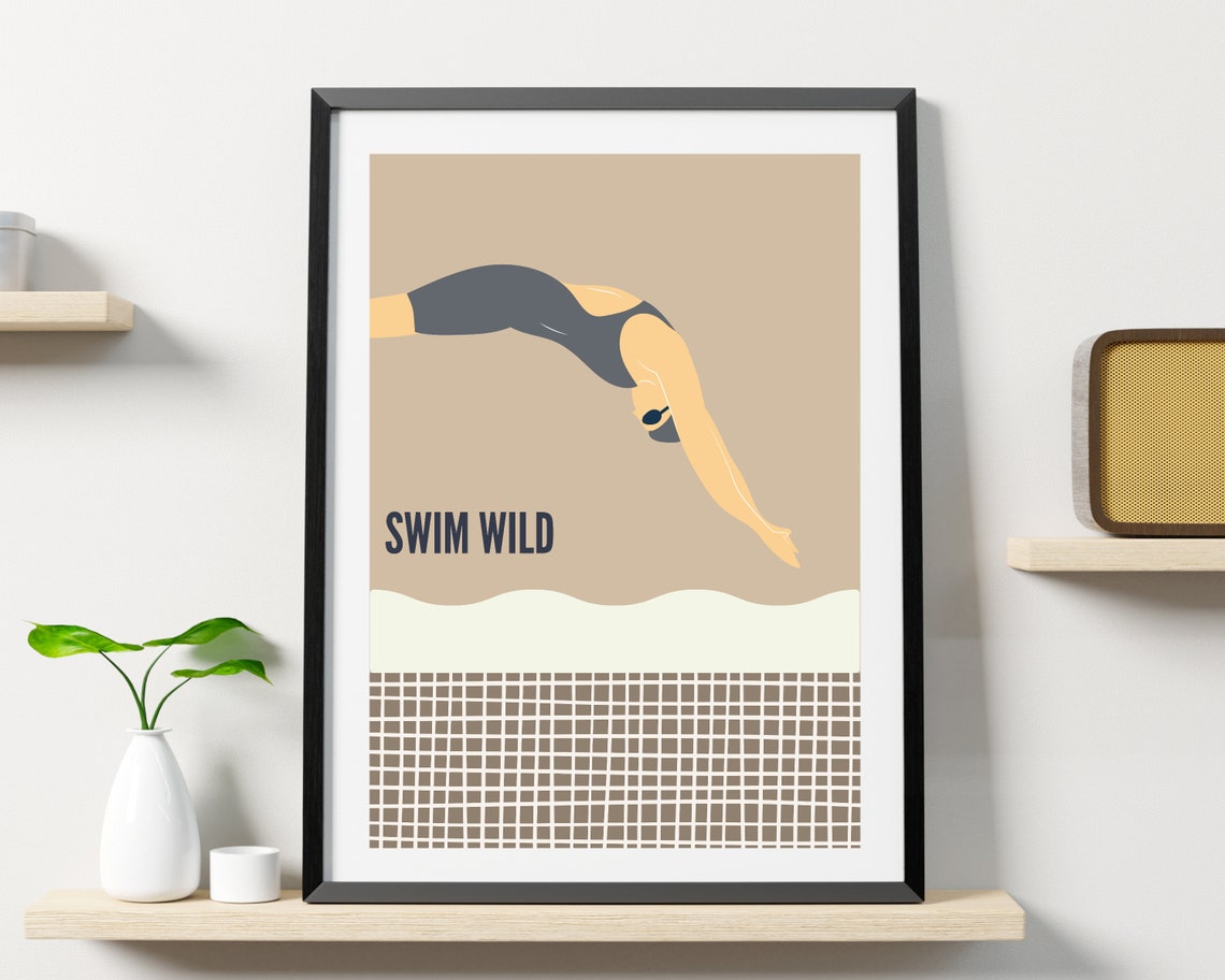 Swim Wild Diver Minimalist Beige Quote Open Water Swimming Poster - Image 2
