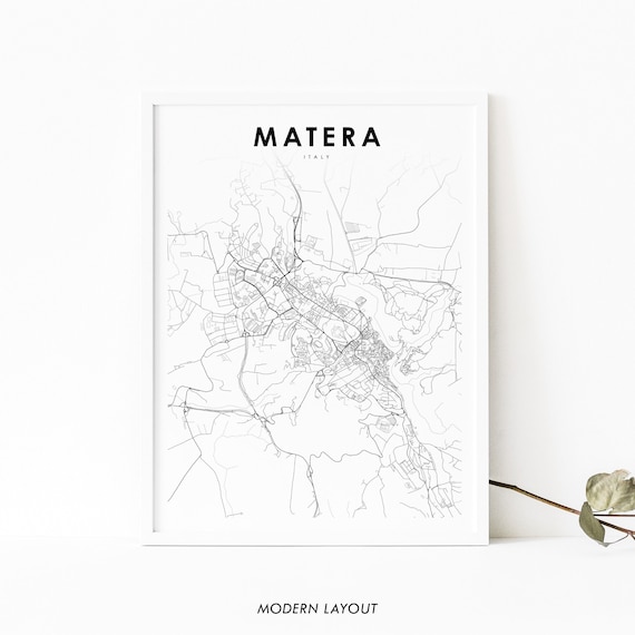 Matera Italy Minimalist Black and White City Street Map Wall Art