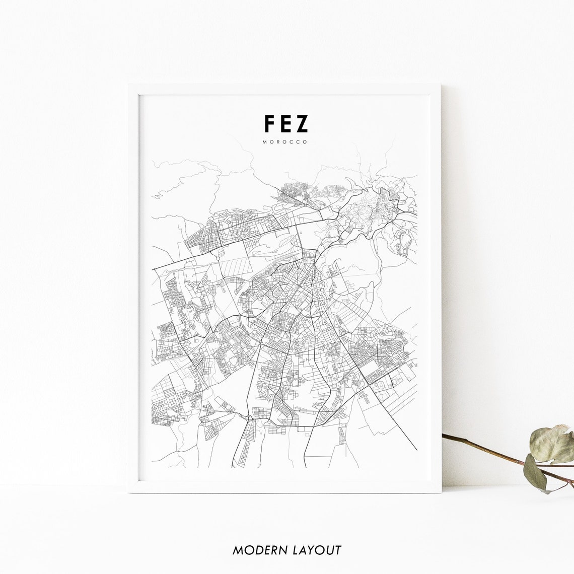 Fez Morocco Minimalist Monochrome City Street Map Art Poster