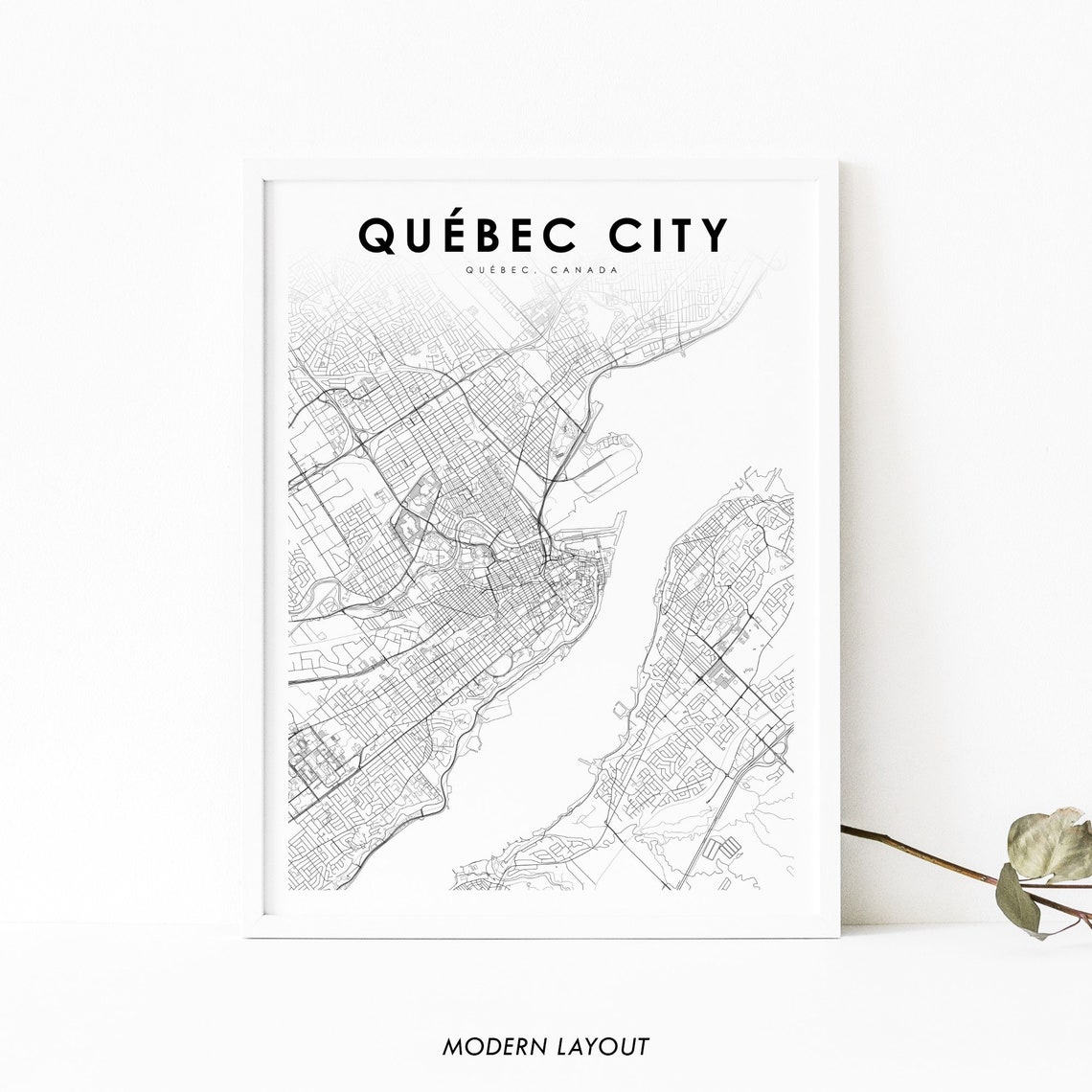 Quebec City Minimalist Black and White Urban Street Map Poster