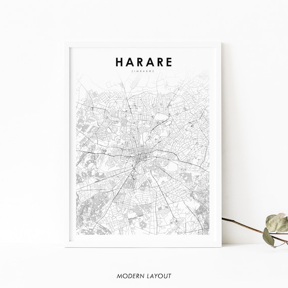 Harare Zimbabwe Map Print, City Street Road Poster